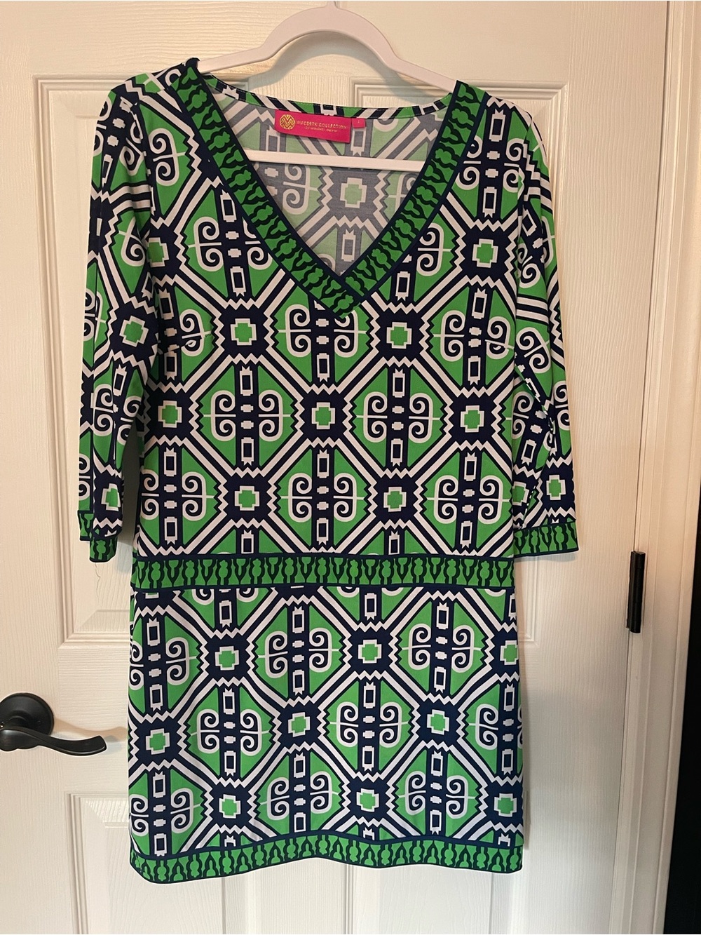 Macbeth Collection by Margaret Josephs Green and Navy Geometric V-Neck Dress